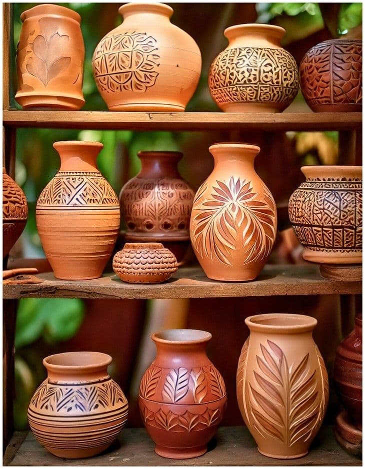 Carved terracotta vases arranged on wooden shelves