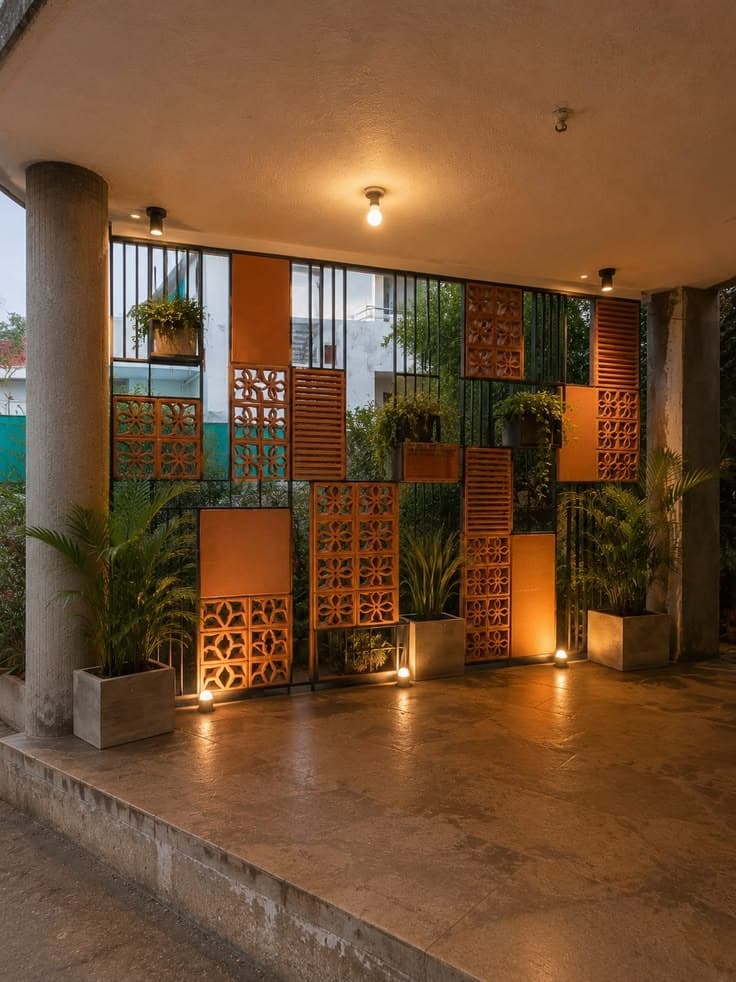 A terracotta screen wall with carved clay blocks and warm light