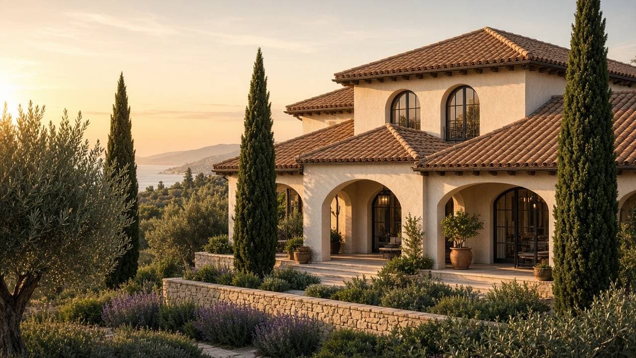 Mediterranean villa with premium terracotta clay roof tiles